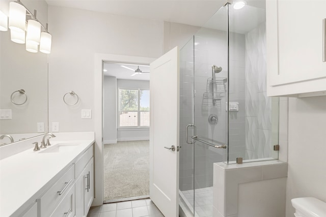 4914 Live Oak St Unit 7, Dallas, TX 75206 - full bathroom with a shower stall, toilet, vanity, a ceiling fan, and tile patterned floors