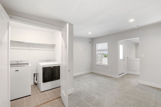 4914 Live Oak St Unit 7, Dallas, TX 75206 - clothes washing area featuring washing machine and clothes dryer, baseboards, recessed lighting, and light carpet