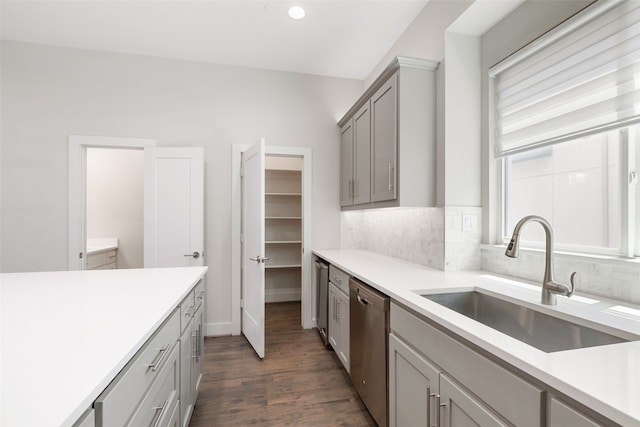 4914 Live Oak St Unit 7, Dallas, TX 75206 - kitchen with a sink, stainless steel dishwasher, gray cabinets, backsplash, and dark wood finished floors