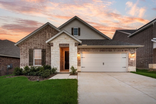 3523 Columbus St, Gainesville, TX 76240 - view of front of home with concrete driveway, a garage, brick siding, a front lawn, and a shingled roof