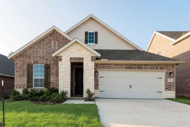3523 Columbus St, Gainesville, TX 76240 - french provincial home with driveway, brick siding, a garage, a front lawn, and a shingled roof