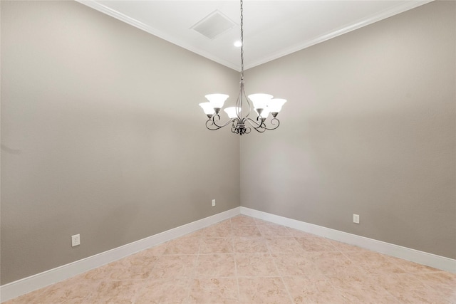 spare room with visible vents, a chandelier, crown molding, baseboards, and light tile patterned floors