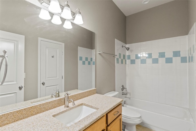full bath featuring washtub / shower combination, toilet, and vanity