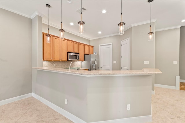 kitchen with baseboards, tasteful backsplash, ornamental molding, and appliances with stainless steel finishes