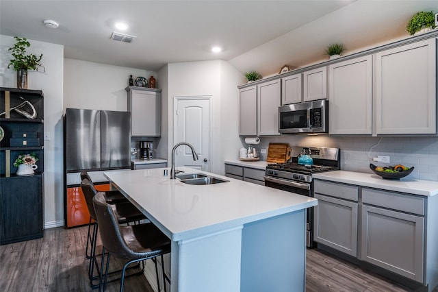 799 Bayberry Ln, Princeton, TX 75407 - kitchen with visible vents, dark wood-style floors, gray cabinets, a sink, and stainless steel appliances