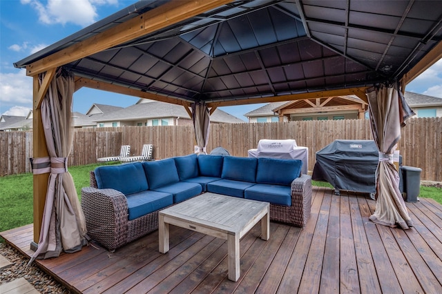 799 Bayberry Ln, Princeton, TX 75407 - wooden deck with a gazebo, an outdoor living space, and a fenced backyard