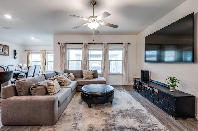 799 Bayberry Ln, Princeton, TX 75407 - living room featuring visible vents, wood finished floors, baseboards, recessed lighting, and a ceiling fan