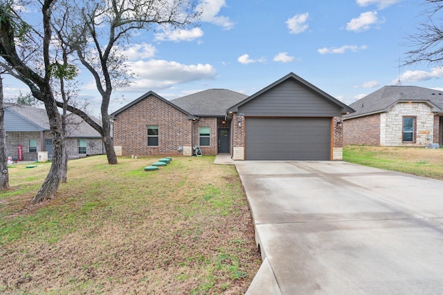 ranch-style home with a garage, driveway, a front lawn, and brick siding