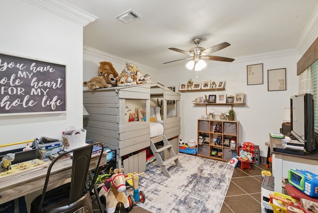 bedroom featuring crown molding, visible vents, tile patterned flooring, and a ceiling fan