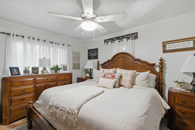 bedroom with ornamental molding and a textured ceiling