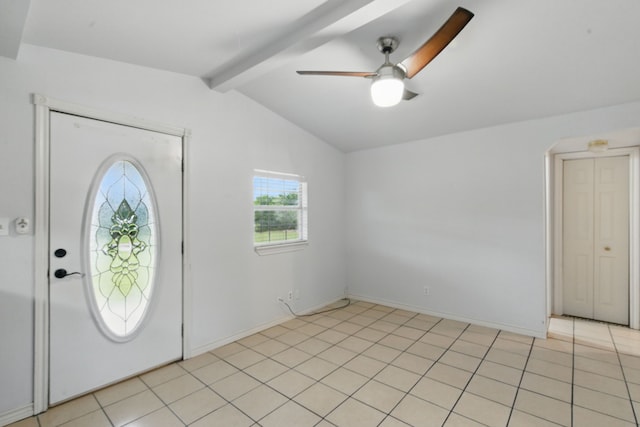 entrance foyer featuring a ceiling fan and vaulted ceiling with beams