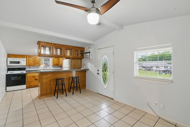 kitchen with glass insert cabinets, white appliances, a peninsula, brown cabinets, and lofted ceiling with beams