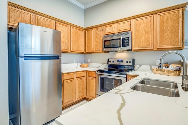775 Marble Canyon Cir, Irving, TX 75063 - kitchen featuring ornamental molding, light countertops, appliances with stainless steel finishes, and a sink