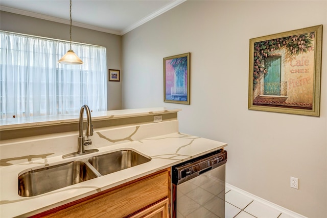 775 Marble Canyon Cir, Irving, TX 75063 - kitchen featuring a sink, ornamental molding, decorative light fixtures, light stone counters, and dishwasher