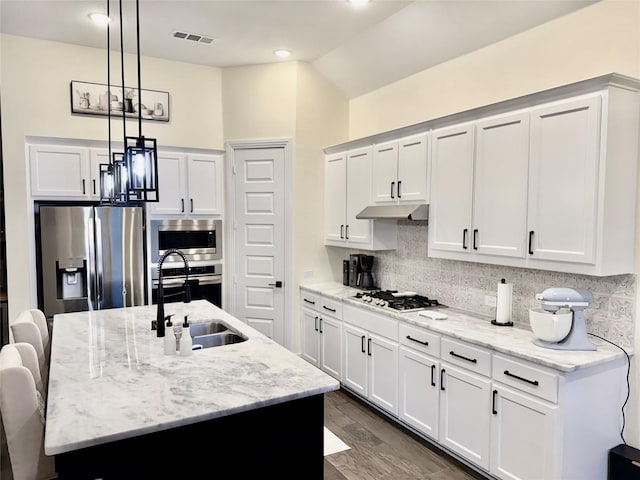2312 Camp St, Aubrey, TX 76227 - kitchen featuring appliances with stainless steel finishes, a sink, under cabinet range hood, lofted ceiling, and backsplash