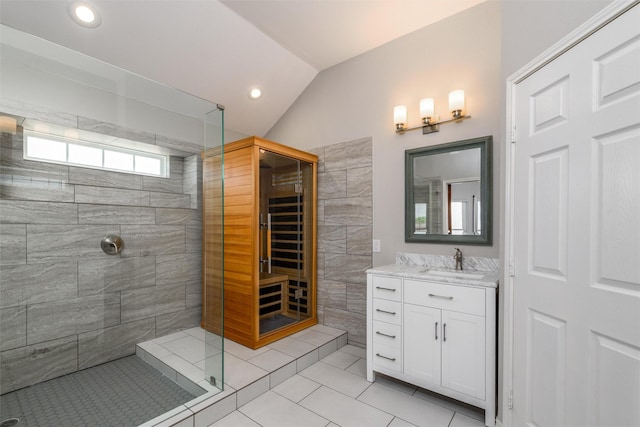 800 Overland Dr, Lowry Crossing, TX 75069 - full bathroom featuring vaulted ceiling, a tile shower, vanity, tile patterned floors, and recessed lighting