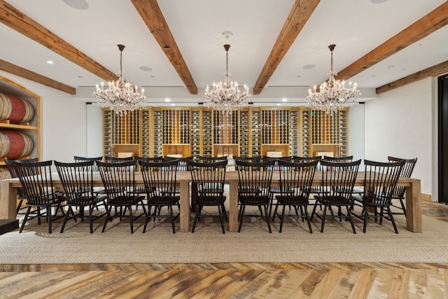 interior space featuring a chandelier and beam ceiling