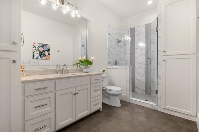6946 Southridge Dr, Dallas, TX 75214 - full bathroom featuring crown molding, a marble finish shower, toilet, vanity, and tile patterned floors