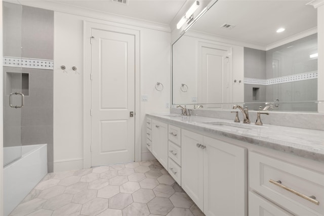6946 Southridge Dr, Dallas, TX 75214 - bathroom with double vanity, crown molding, tile patterned floors, and recessed lighting