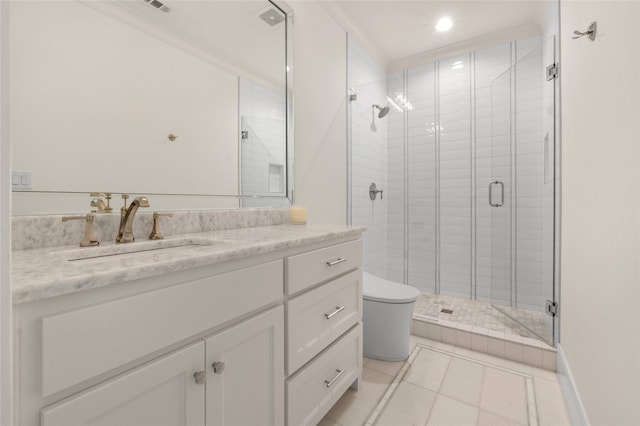 6946 Southridge Dr, Dallas, TX 75214 - bathroom with vanity, a shower stall, toilet, and tile patterned flooring