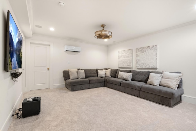 6946 Southridge Dr, Dallas, TX 75214 - living area with a wall mounted air conditioner, carpet, crown molding, recessed lighting, and baseboards