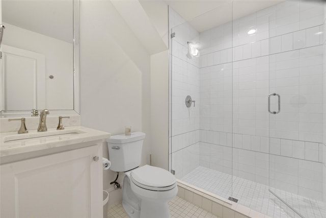 6946 Southridge Dr, Dallas, TX 75214 - bathroom with toilet, a shower stall, vanity, and tile patterned floors