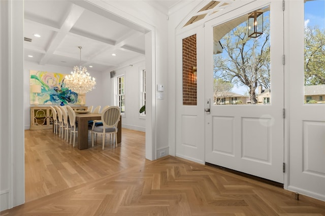 6946 Southridge Dr, Dallas, TX 75214 - entrance foyer with a chandelier, beam ceiling, coffered ceiling, and recessed lighting