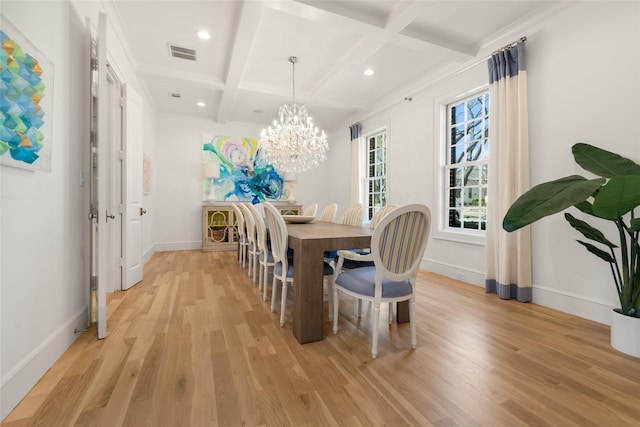 6946 Southridge Dr, Dallas, TX 75214 - dining area with coffered ceiling, light wood-style floors, baseboards, recessed lighting, and beamed ceiling