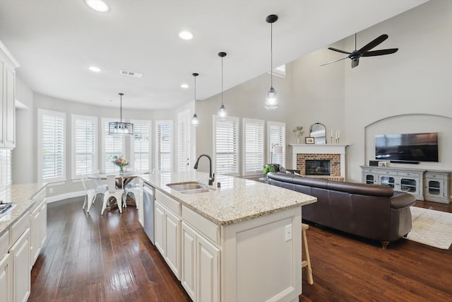 kitchen with a sink, stainless steel dishwasher, a brick fireplace, and dark wood finished floors