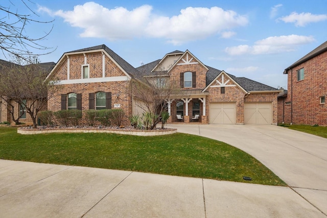 view of front of property featuring driveway, brick siding, a front lawn, and roof with shingles