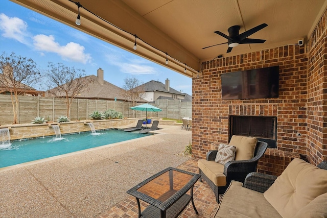 exterior space with a fenced backyard, a fenced in pool, outdoor lounge area, and ceiling fan