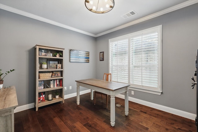 office area with an inviting chandelier, dark wood-style floors, baseboards, and visible vents