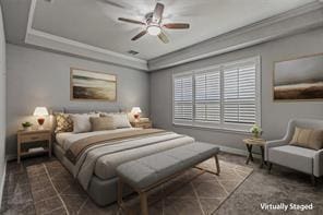 1596 Mannheim Dr, Rockwall, TX 75032 - bedroom featuring crown molding, baseboards, a ceiling fan, and a tray ceiling