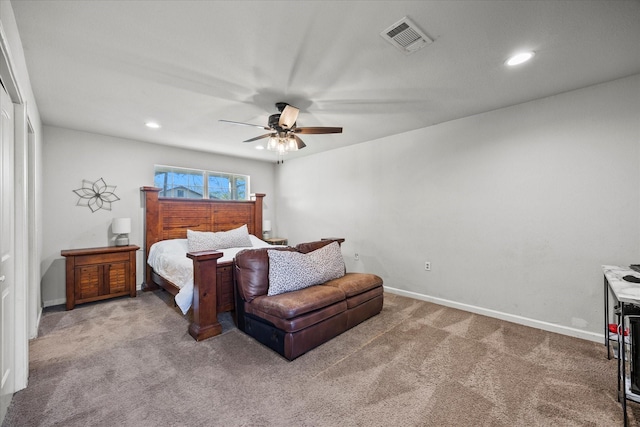 bedroom with visible vents, baseboards, recessed lighting, a ceiling fan, and carpet floors