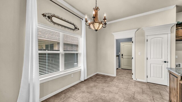 4315 Logan Cir, Granbury, TX 76049 - unfurnished dining area with a chandelier, crown molding, and baseboards