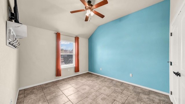 4315 Logan Cir, Granbury, TX 76049 - tiled spare room featuring ceiling fan, lofted ceiling, and baseboards