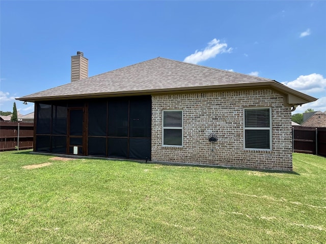 4315 Logan Cir, Granbury, TX 76049 - back of house featuring a chimney, roof with shingles, brick siding, and a sunroom