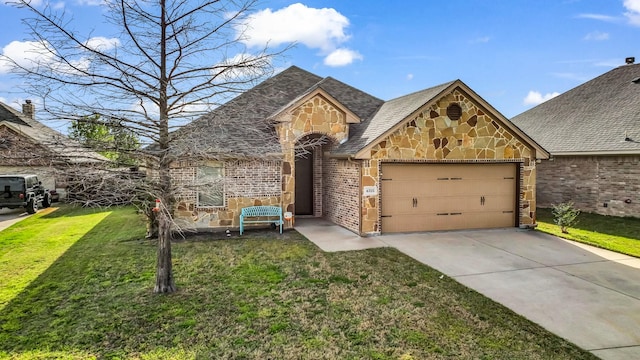 4315 Logan Cir, Granbury, TX 76049 - french country style house featuring stone siding, a garage, driveway, a front lawn, and brick siding