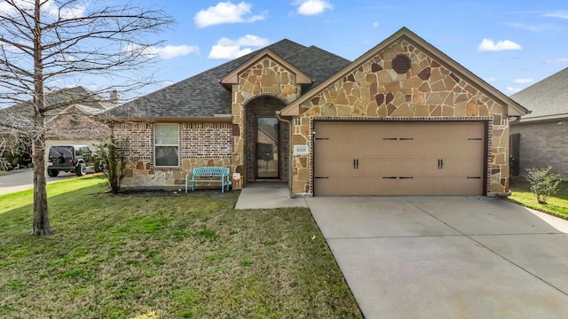 4315 Logan Cir, Granbury, TX 76049 - french country style house with stone siding, concrete driveway, a garage, a front yard, and brick siding