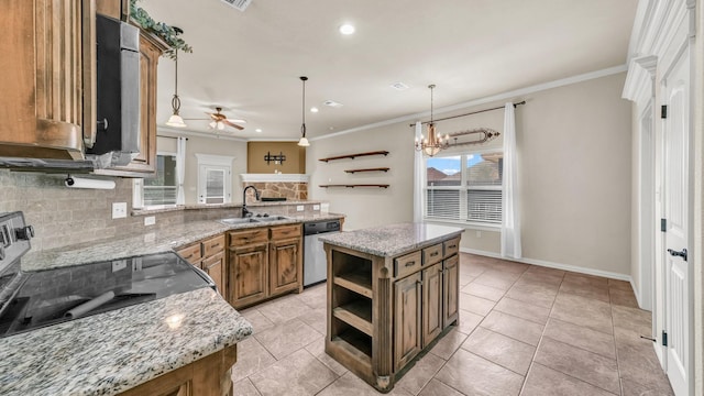 4315 Logan Cir, Granbury, TX 76049 - kitchen with open shelves, dishwasher, a sink, brown cabinetry, and decorative backsplash
