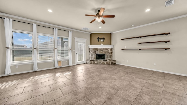 4315 Logan Cir, Granbury, TX 76049 - unfurnished living room with ceiling fan, ornamental molding, a stone fireplace, baseboards, and recessed lighting