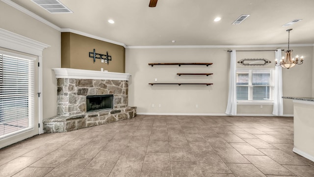4315 Logan Cir, Granbury, TX 76049 - unfurnished living room with ornamental molding, healthy amount of natural light, a chandelier, a stone fireplace, and baseboards