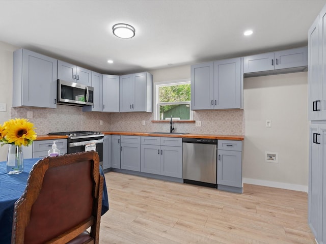 5134 Anderson Cir, Garland, TX 75043 - kitchen featuring appliances with stainless steel finishes, a sink, wooden counters, gray cabinets, and recessed lighting