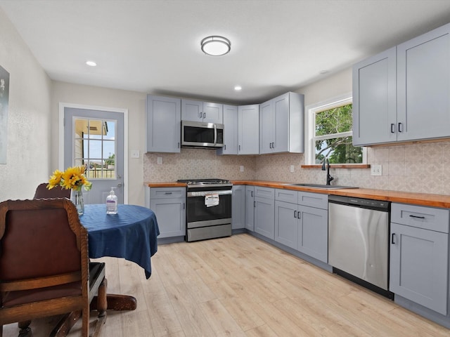 5134 Anderson Cir, Garland, TX 75043 - kitchen featuring appliances with stainless steel finishes, wood counters, a sink, gray cabinetry, and light wood-style floors