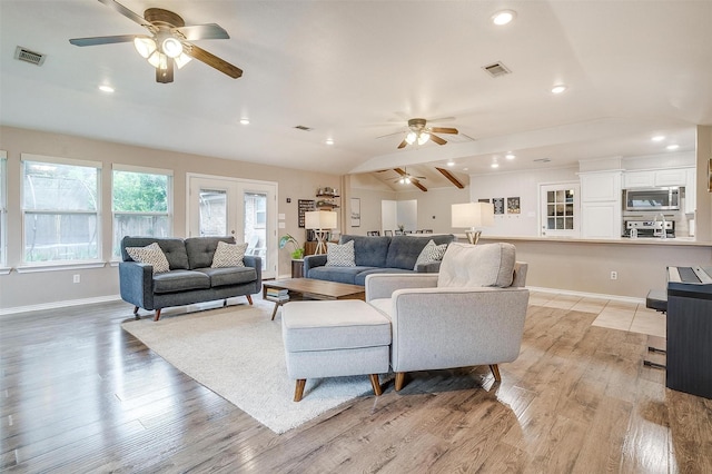 136 NW Suzanne Ter, Burleson, TX 76028 - living area with ceiling fan, light wood-style floors, baseboards, lofted ceiling, and recessed lighting