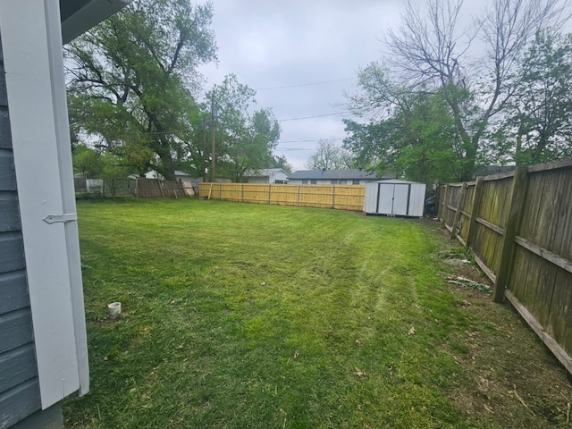 view of yard featuring a fenced backyard, an outdoor structure, and a storage shed
