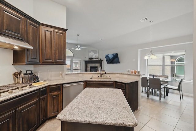 1125 Overton St, Frisco, TX 75036 - kitchen with appliances with stainless steel finishes, a sink, a ceiling fan, a fireplace, and light tile patterned floors