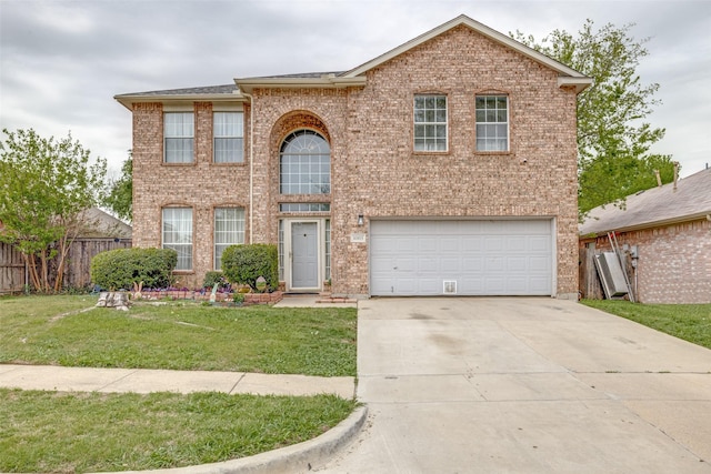 1005 Bonanza Dr, Arlington, TX 76001 - view of front of house with fence, a garage, brick siding, a front lawn, and driveway