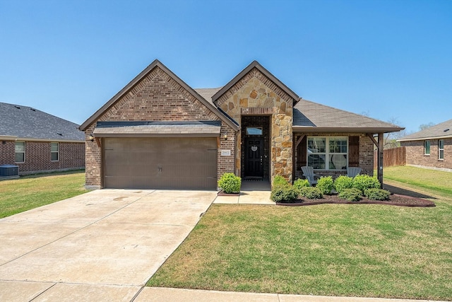 view of front of home featuring an attached garage, brick siding, a front lawn, driveway, and central AC unit