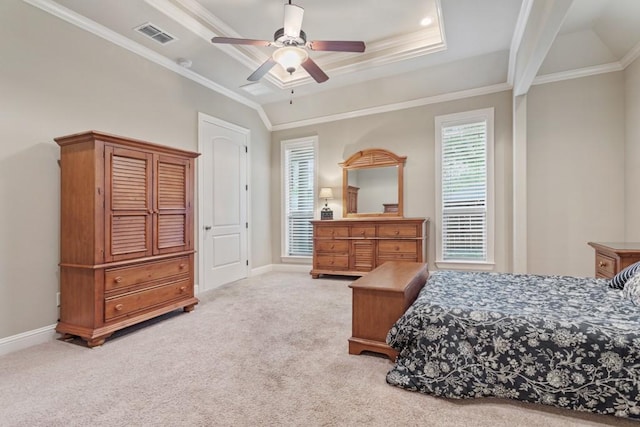 bedroom with crown molding, carpet flooring, and baseboards